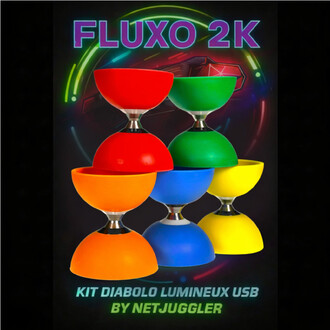 Kit Diabolo Fluxo 2K lumineux USB par Netjuggler — diabolo à roulements triples, colorés rouge/orange/bleu/vert/jaune, empilés en pyramide sur fond sombre.