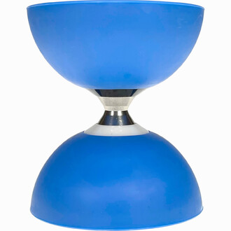 Diabolo Fluxo bleu à deux coupelles avec axe central argenté – vue de face.