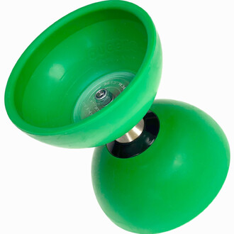 Diabolo Cyclone Fluxo à triple roulements lumineux, deux coques vertes et axe central argenté visible.