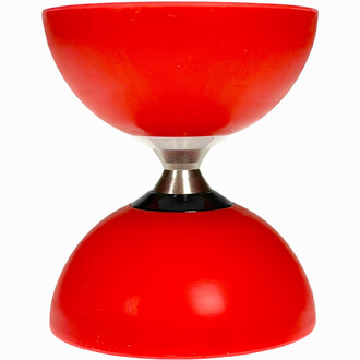 Diabolo rouge Fluxo Cyclone à double coupelle, axe central en métal et roulements visibles, vue de face