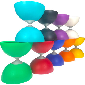 Kit Diabolo Jazz Alu Lumineux Fluxo — ensemble de diabolos lumineux en aluminium colorés alignés en perspective.