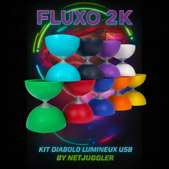 Kit Diabolo Jazz Alu Lumineux Fluxo — ensemble de diabolo en aluminium lumineux USB, diabolos colorés alignés sur fond noir.