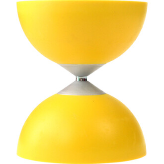 Diabolo Fluxo Jazz en aluminium jaune lumineux, deux coupelles jaunes séparées par un axe central argenté.