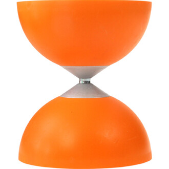 Diabolo Fluxo lumineux orange avec deux coquilles orange et axe central argenté, vue de face.