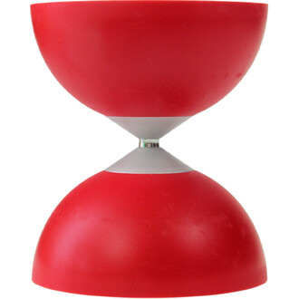 Diabolo Fluxo Jazz en aluminium lumineux, deux bols rouges reliés par un axe central argenté.