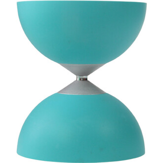 Diabolo Jazz en aluminium lumineux Fluxo, deux coquilles turquoise reliées par un axe central argenté.