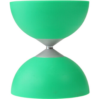 Diabolo Jazz en aluminium lumineux Fluxo, couleur vert fluo, deux coupes vertes reliées par un axe central argenté.