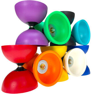 Kit Diabolo Jazz Light Lumineux Fluxo : ensemble de diabolos colorés en coquilles plastiques rouge, orange, jaune, vert, bleu et violet empilés les uns sur les autres, axe métallique central visible.