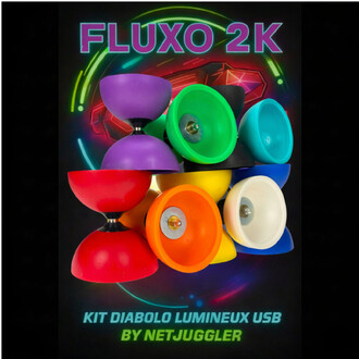 Kit diabolo lumineux Fluxo 2K de Netjuggler, ensemble de diabolos colorés et lumineux USB sur fond noir.