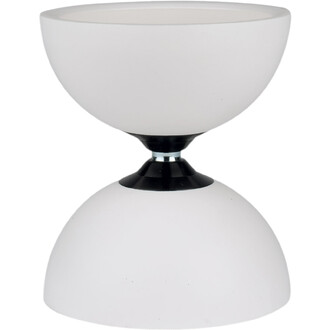 Diabolo blanc lumineux Fluxo, deux coupelles blanches reliées par un axe noir et une bague argentée.