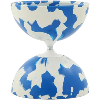Diabolo Jester XL en vert avec motifs blancs et bleus, supporté par une tige centrale.