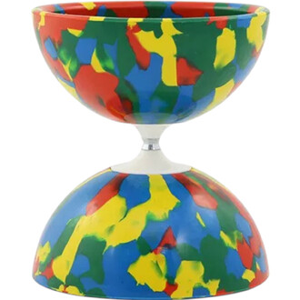 Diabolo Jester XL coloré avec un motif multicolore (rouge, vert, bleu, jaune) et un axe central en métal.