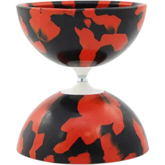 Kit Diabolo Jester XL avec motif noir et rouge, montrant la partie supérieure et inférieure en forme d'ombrelle, avec un axe central blanc.