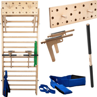 Échelle de gym en bois avec plusieurs accessoires, y compris des barres parallèles en bois, un banc de musculation, des sangles de support bleues, et un long bâton noir. La structure est conçue pour l'entraînement physique, avec une finition en bois natur