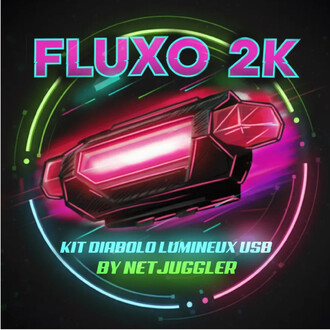 Image représentant le logo du produit Fluxo 2K, mettant en avant un diabolo lumineux avec des effets de néon colorés, accompagné du texte Kit Diabolo Lumineux USB by NetJuggler. Fond noir avec des cercles lumineux et des éclats de couleurs vibrantes.