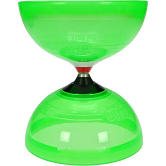 Toupie en plastique transparent vert fluo, composée de deux parties en forme de coupe, fixées par un axe central noir avec une petite bague rouge. Design moderne et coloré, idéal pour la jonglerie.