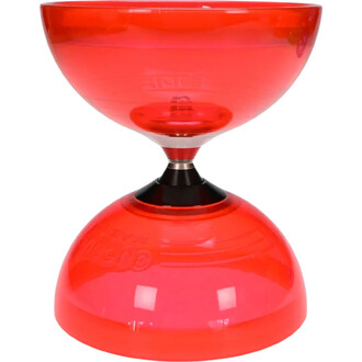 Gobelet de jonglage en plastique transparent rouge, en forme de sablier, avec un dessous sphérique et un centre noir.