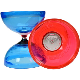 Kit Hurricane Lumineux avec un diable en plastique transparent bleu et rouge, présentant une forme classique et distincte, sur une base noire. Le diable est composé d'une partie supérieure bleue et d'une partie inférieure rouge, avec un axe central visibl