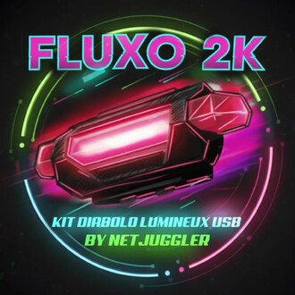 Illustration du Kit Diabolo Lumineux USB Fluxo 2K par NetJuggler: diabolos lumineux roses dans un boîtier noir, entourés d’anneaux néon verts et bleus, texte Fluxo 2K en haut et Kit Diabolo Lumineux USB par NetJuggler en bas.