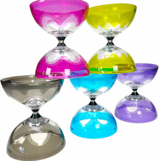 Kit Hyperspin Fixe Lumineux Fluxo – ensemble de coupelles translucides colorées reliées par un axe central, assemblées en motif hourglass.