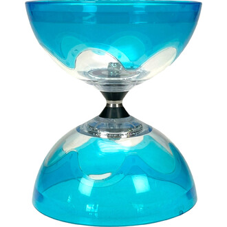 Sablier fixe lumineux Fluxo bleu translucide sur socle argenté et colonne noire.