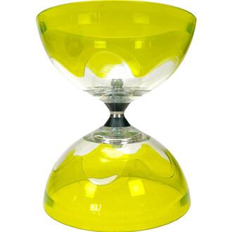 Kit Hyperspin Fixe Lumineux Fluxo : sablier en plastique jaune translucide avec deux bols reliés par un axe central noir et une bague métallique.