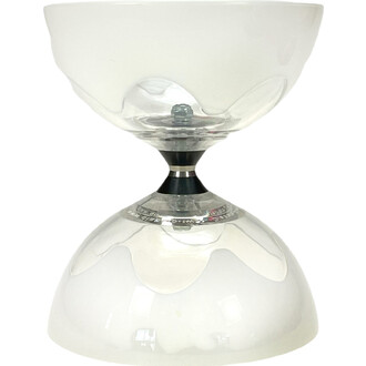 Kit Hyperspin Fixe Lumineux Fluxo : dispositif de jonglerie avec deux demi-sphères blanches reliées par une colonne centrale noire et anneau argenté sur socle chromé.