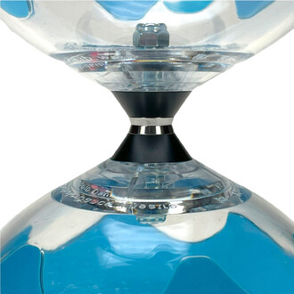 Détail du Kit Hyperspin Fixe Lumineux Fluxo : connexion centrale noire avec bague argentée entre deux demi-sphères translucides bleues.