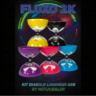 Affiche du kit Diabolo Lumineux USB Fluxo 2K par Netjuggler, avec six diablos colorés empilés (jaune, noir, violet, magenta, rose et bleu) sur fond noir et néon, texte Fluxo 2K en haut.