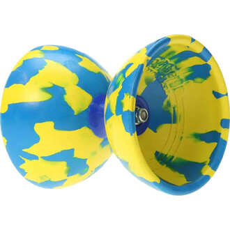 Diabolo lumineux de couleur bleu et jaune avec un design éclaboussé, montrant une vue de face et de dos. Le diabolo est équipé d'un axe central et présente une finition lisse.