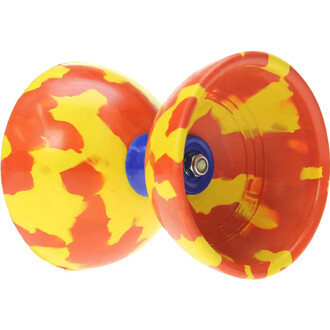 Diabolo Jester lumineux avec des coupelles colorées en rouge et jaune, monté sur un axe central bleu.