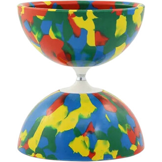 Gobelet de jonglerie Jester XL Lumineux, de forme en sablier avec des motifs colorés (rouge, vert, bleu et jaune), accompagné de son axe blanc.
