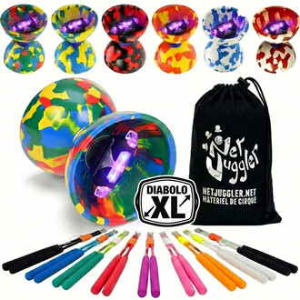 Kit Jester XL lumineux : diabolos translucides multicolores, baguettes Superglass colorées et sac de rangement noir Netjuggler.
