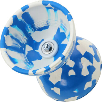 Kit Jester à Roulements, vue de dessus d'un diabolo bleu avec des motifs blancs, mettant en évidence le roulement central.