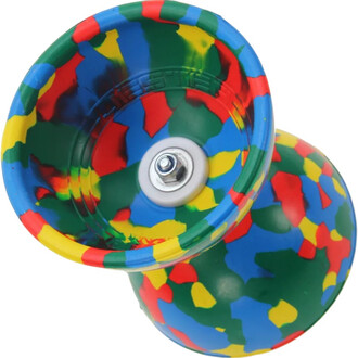 Kit Jester à roulements lumineux, vue de dessus. Le diabolos présente un motif coloré avec des éclats de rouge, bleu, jaune et vert, et un roulement central visible.