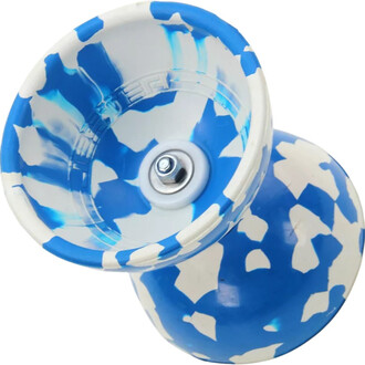 Boule de jonglerie Jester à roulements lumineux, vue de dessus. La boule présente un motif bleu et blanc avec une finition lisse et un emplacement central pour le roulement.