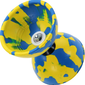 Diabolo Kit Jester avec un design coloré, en bleu et jaune, présentant un motif marbré. La vue montre deux coupelles de diabolo reliées par un axe central, mettant en évidence les roulements lumineux à l'intérieur.
