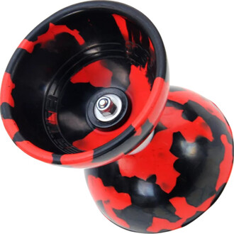 Diabolo Jester à roulements lumineux avec un motif noir et rouge, vue de dessus. Le centre montre l'axe métallique et le mécanisme de roulement.