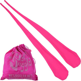 Deux longues chaussettes de jonglerie roses avec des poids aux extrémités, accompagnées de leur sac de rangement rose à cordon estampillé NetJuggler.