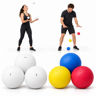 Kit Jonglerie & Rebond – BBX + G-Force : en haut, une femme jonglant avec des balles blanches BBX et un homme faisant rebondir des balles colorées G-Force ; en bas, gros plan sur trois balles blanches BBX et trois balles G-Force bleue, jaune et rouge.