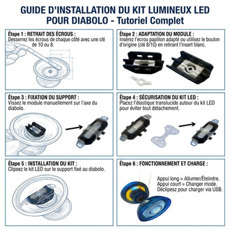 Guide d'installation du kit lumineux LED pour diabolo, comprenant des illustrations pour chaque étape : retrait des écrous, adaptation du module, fixation du support, sécurisation du kit LED, installation du kit sur le diabolo et instructions de fonctionn