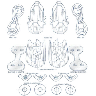 Schéma technique du Kit lumineux Fluxo 2K pour diabolo, incluant deux modules LED, des câbles USB, un support de montage, des éléments de sécurité, des écrous papillon, une rondelle en caoutchouc et une rondelle métallique.