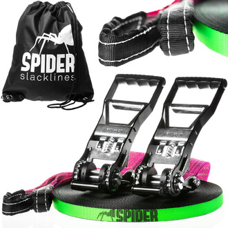 Kit FLY LINE 35 Longline con slackline verde da 35 m, due cricchetti Hummer, imbracature nere e rosa e una borsa per il trasporto Spider Slacklines nera.