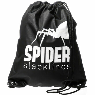 Sac de transport noir avec logo Spider Slacklines en blanc, inclus dans le kit de slackline Spider Slacklines Flyline 25, idéal pour transporter et ranger facilement votre équipement, disponible sur NetJuggler.