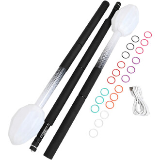 Kit Staff Contact Fusion Feu et LED Threeworlds démonté avec embouts blancs, mèches kevlar, grip noir, anneaux de couleur et câble de recharge USB