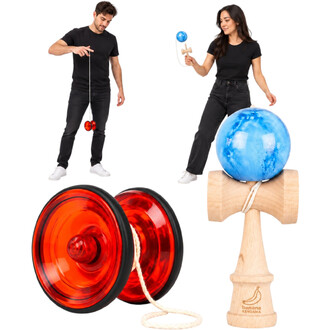 Kit Yo-Yo & Kendama : vue d'ensemble avec un homme jouant au yo-yo rouge et une femme tenant un kendama en bois clair avec une balle bleue, accompagnés de gros plans des deux objets sur fond blanc.