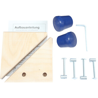 Accessoires de jonglerie comprenant deux pièces en bois triangulaires, deux poids en plastique bleu, un outil hexagonal, quatre vis métalliques, et une feuille d'instructions.