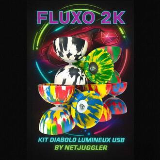 Kit de diabolos Arlequin Lumineux Fluxo avec plusieurs diabolos aux motifs colorés, en arrière-plan un design lumineux avec le texte FLUXO 2K et KIT DIABOLO LUMINEUX USB BY NETJUGGLER.