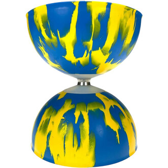Diabolo Arlequin Lumineux Fluxo avec une finition bleue et jaune, présentant des motifs abstraits. L'objet est composé de deux coupelles hémisphériques reliées par un axe central, idéal pour la jonglerie.