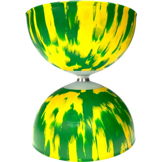 Kit diabolo Arlequin Lumineux Fluxo, diabolo à deux coupelles aux couleurs vibrantes jaune et vert, avec un motif en ondulations sur la surface.